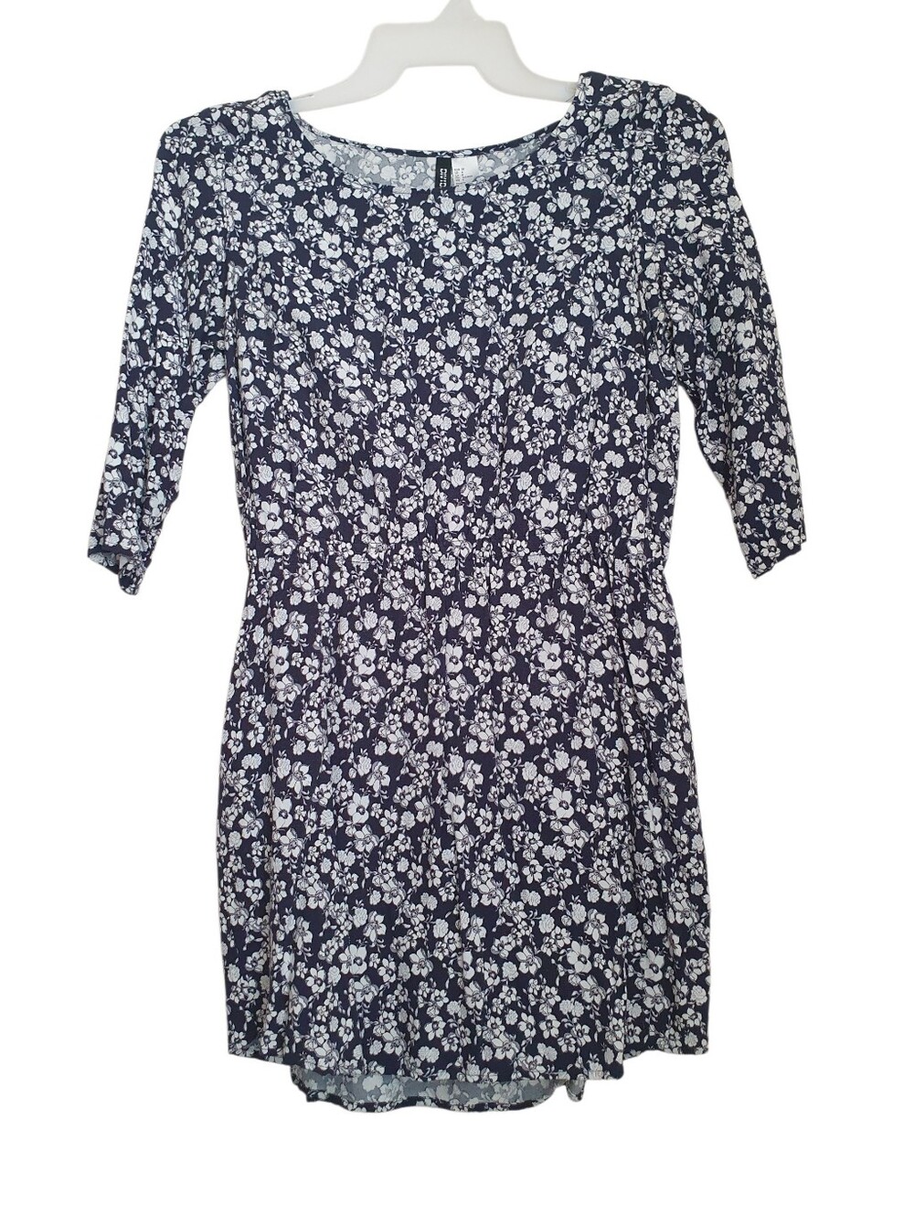 H&M Divided Women's Mini Blue Dress with White Floral Print 3/4 Sleeve Size 8